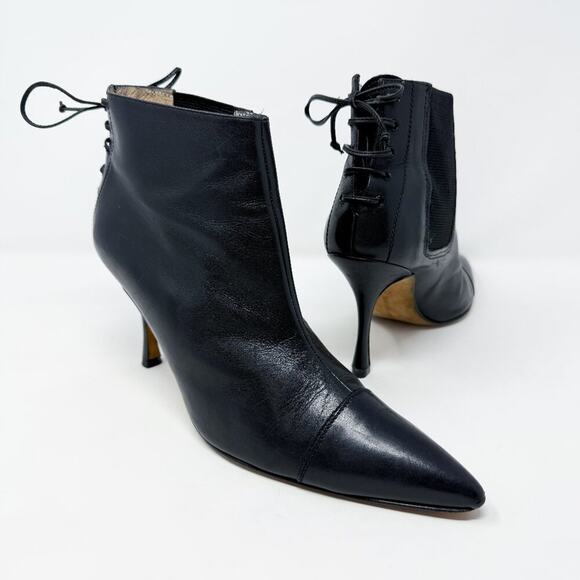 Manolo Blahnik Black Leather Pointy Toe Stiletto Booties Size 39.5 Back Lace Up - Picture 1 of 10